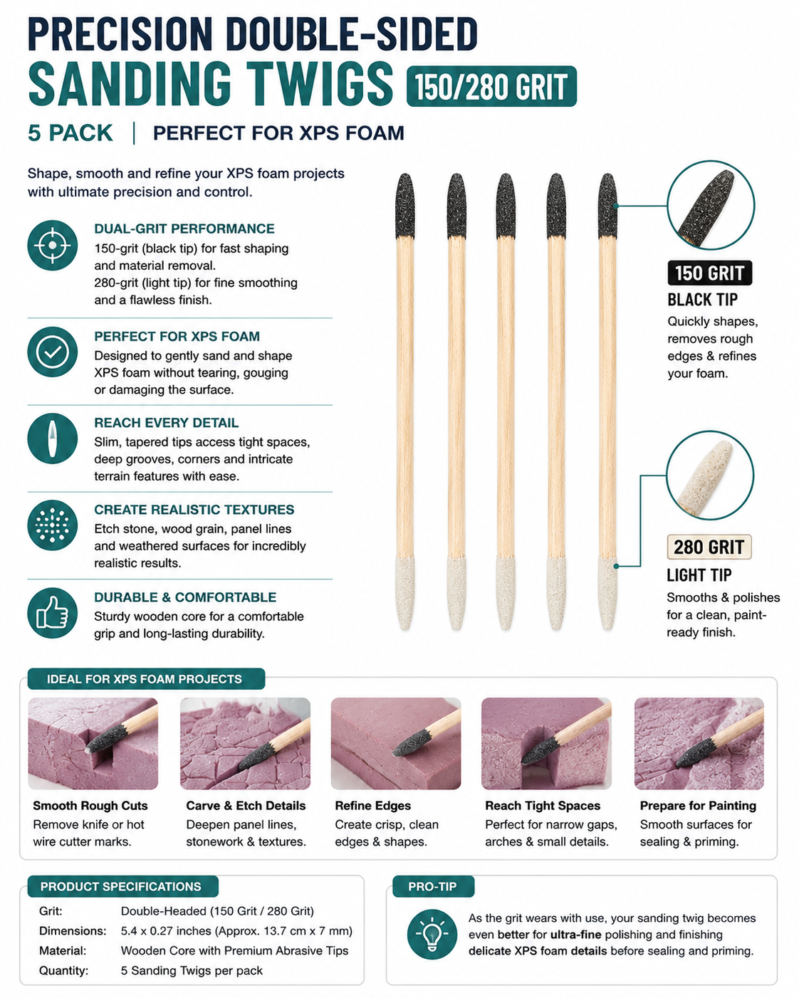 Precision Double-Sided Sanding Twigs (150/280 Grit) – 5 Pack