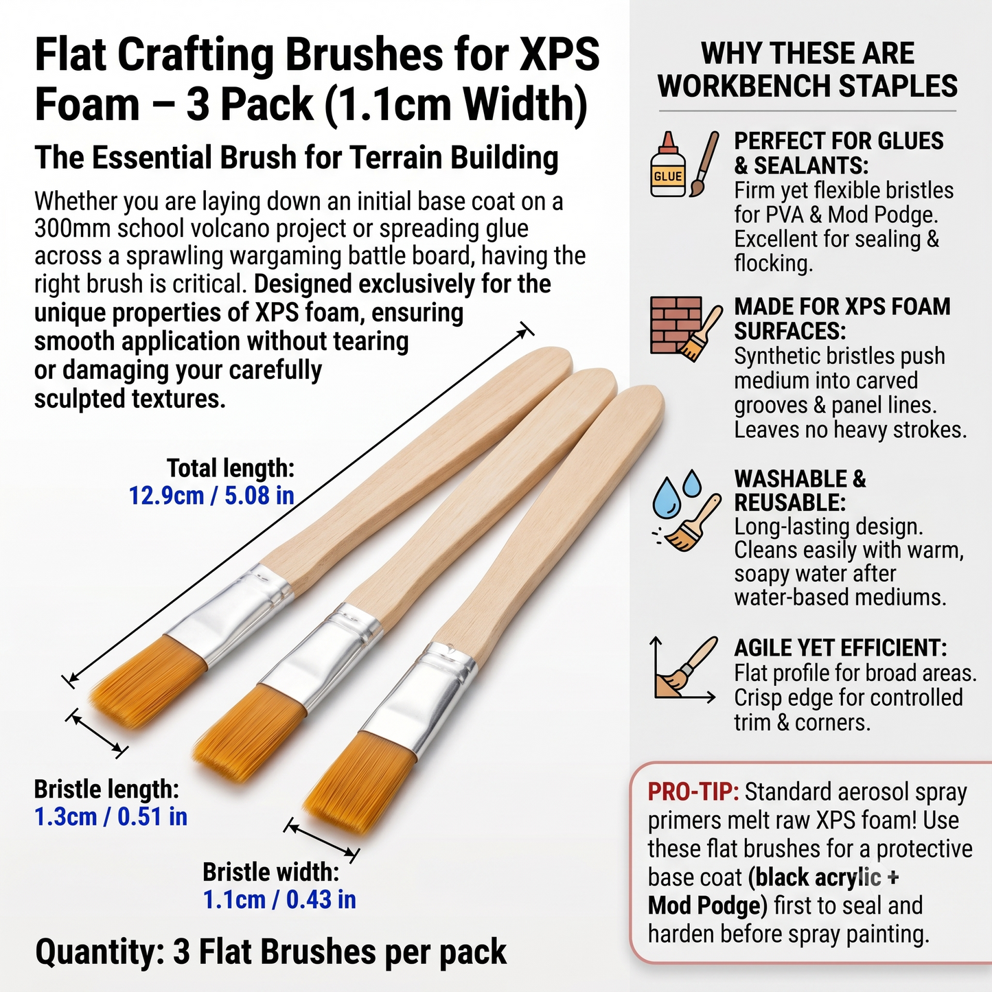 Flat Crafting Brushes for XPS Foam – 3 Pack (1.1cm Width)
