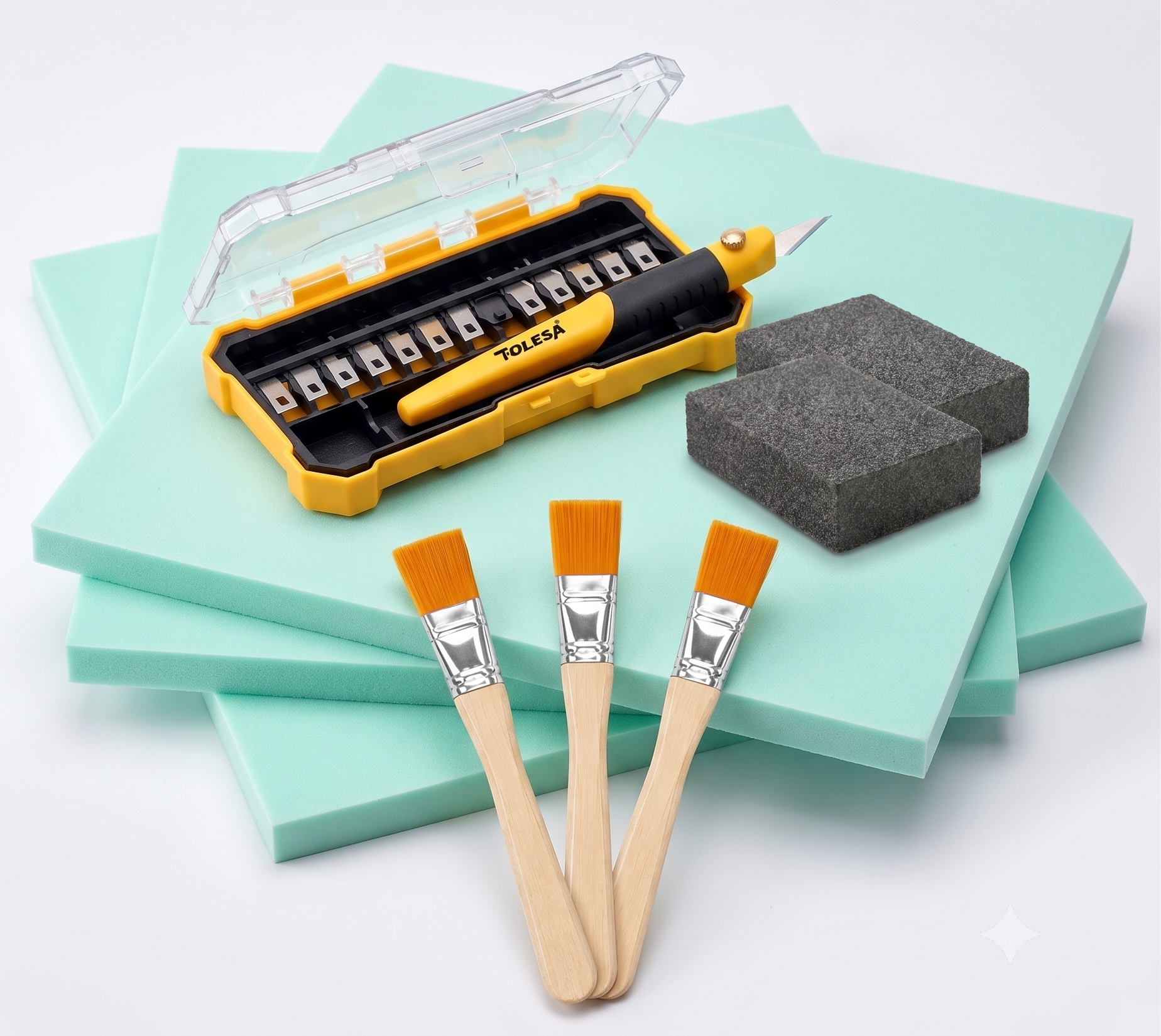 The Essential Diorama Starter Kit featuring XPS Foam, Tolesa Craft Knife, Sanding Blocks, and Crafting Brushes